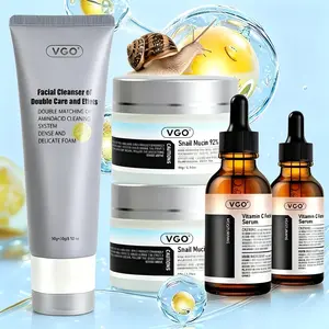 VGO 3-Piece Anti-Aging Skincare Set - Vitamin C Serum, Snail Hydrating Moisturizer, Foam Facial Cleanser, Unisex Daily Care for Sensitive & All Skin Types