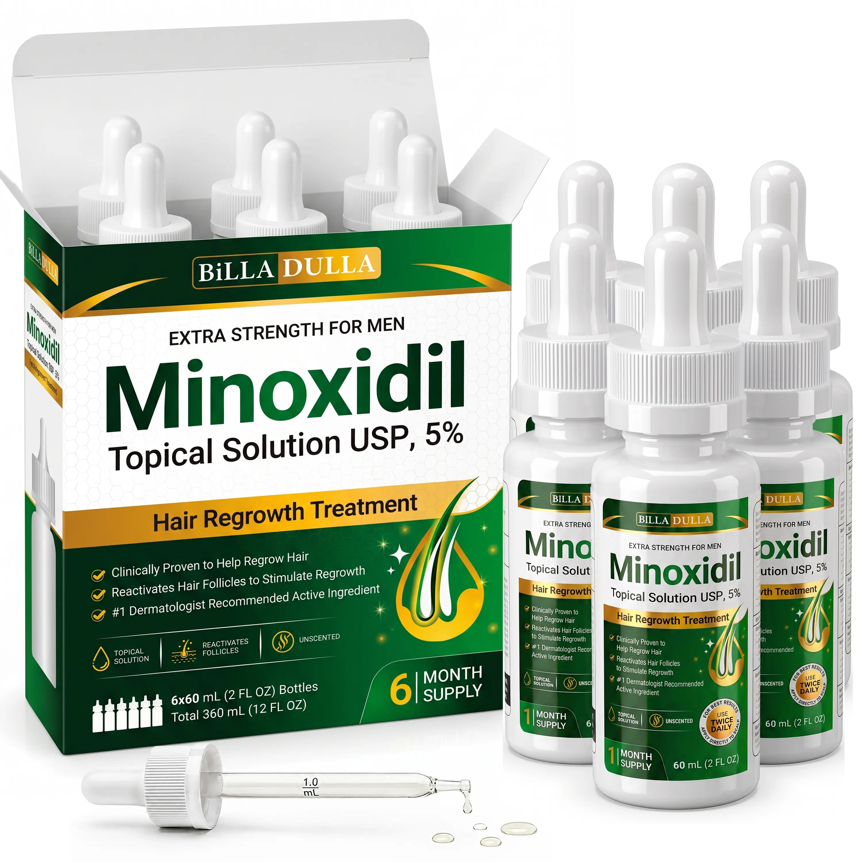 5% Minoxidil Hair Growth Treatment for Men - Extra Strength Topical Solution USP 5 Percent for Hair Loss, Hair Regrowth, Thinning Hair & Receding Hairline - Fast Hair Growth Serum with Dropper Applicator for Beard Growth & Fuller Thick Hair, 6 x 60mL