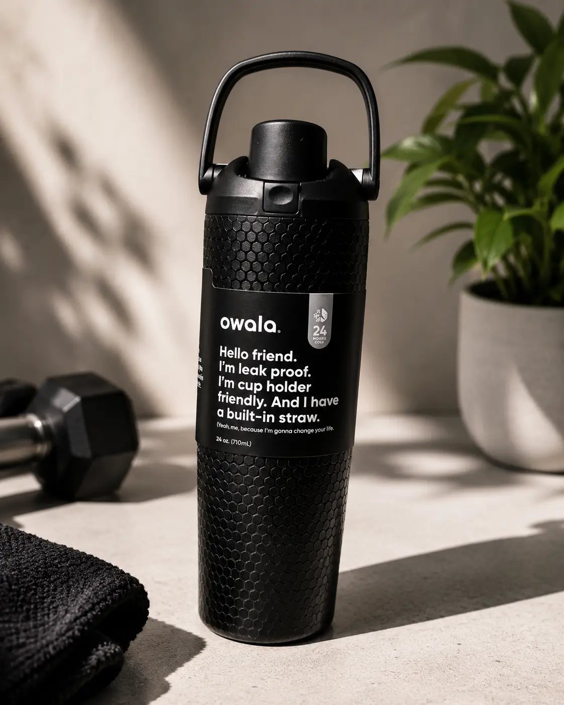 Owala 24 oz Black Insulated Water Bottle with Built In Straw Leak Proof Lid and Carry Handle