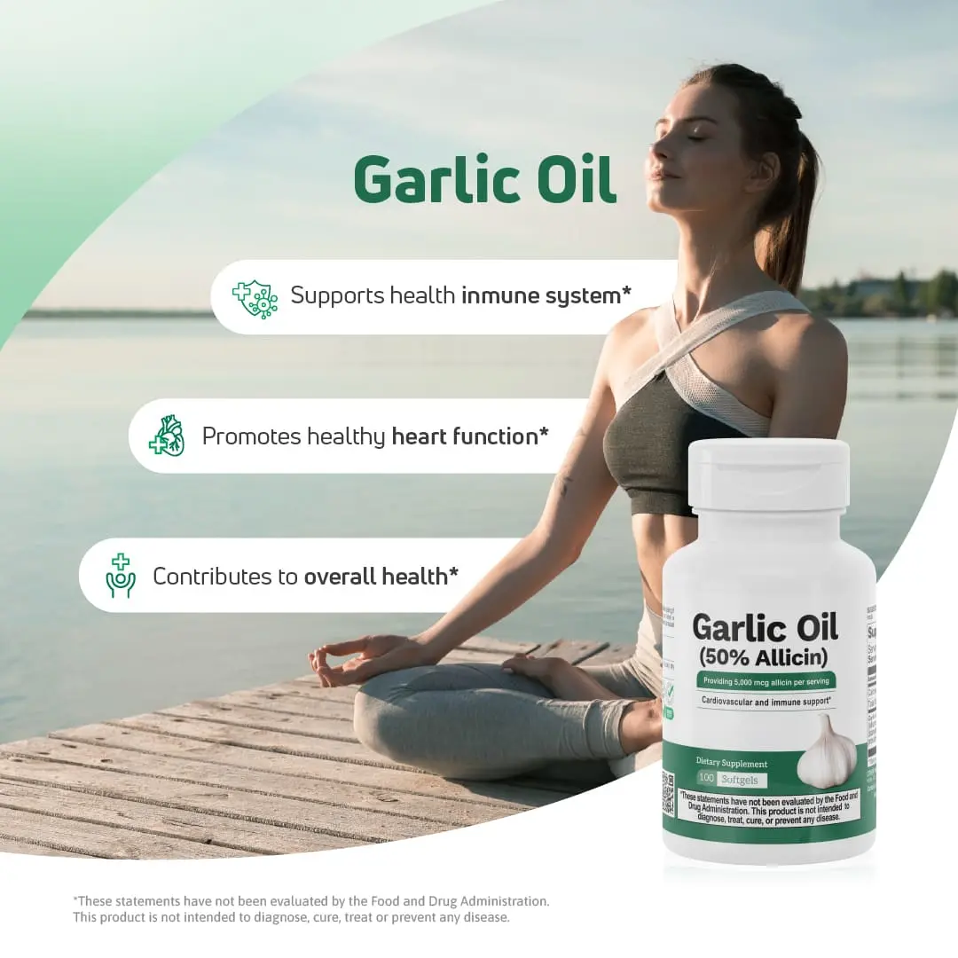 Garlic Oil Softgels with 5,000 mcg Allicin - Cardiovascular Support, Immune Support Supplement (100 Count)