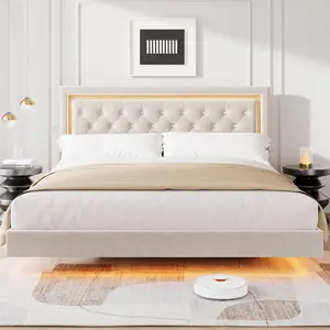 King Size Modern Floating Platform Bed Frame with Smart LED Lights, Diamond Tufted Upholstered Headboard, Sturdy Wood Slats, Noise-Free, No Box Spring Needed, Easy Assembly, Stylish Bedroom Furniture