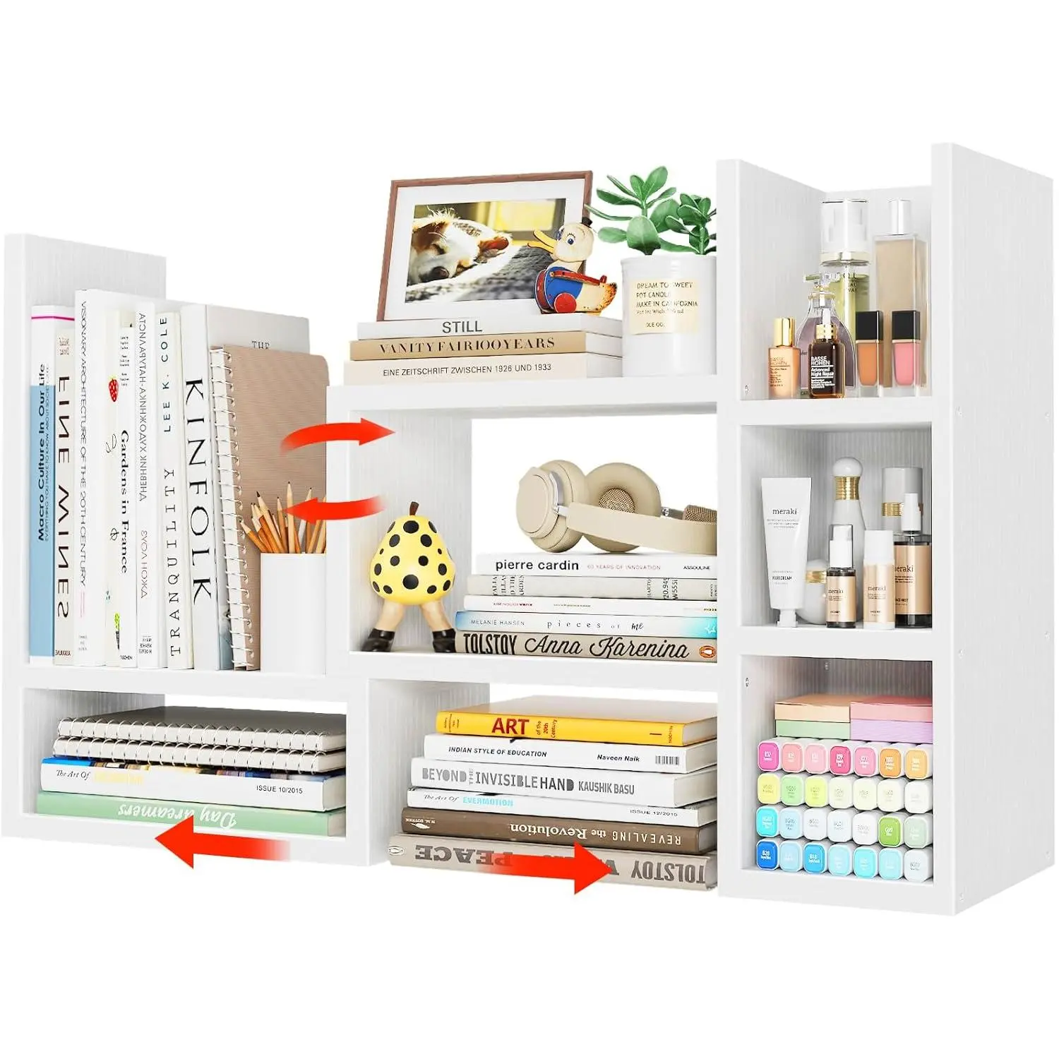 Sleek White L-Shaped Corner Desk Shelf - Space-Saving Office Desk Organizer with Integrated 3 Shelves, Adjustable 6.7"d x 16.6~30.4"w x 13.8"h, Anti-Fall Locking, Multi-Compartment Small Hutch for Desktop Accessories & Office Decor