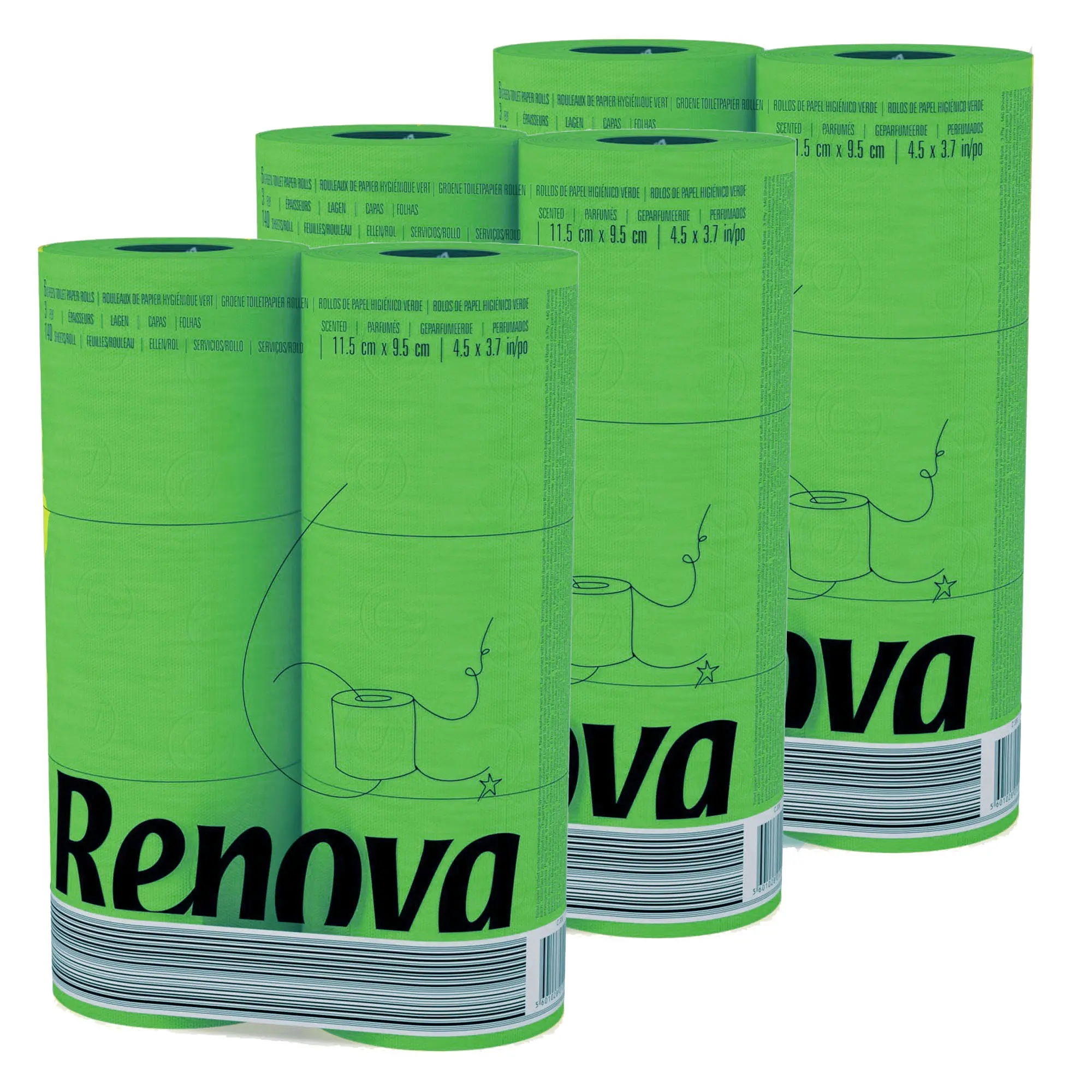 Renova 3-Pack, Green Toilet Paper -Add Bathroom Fun With this Perfect Touch - Pack of 6 Compact Rolls- 140 Sheets - 3 Ply - Eco-label Certified - Septic System Safe - Sustainable & Soft