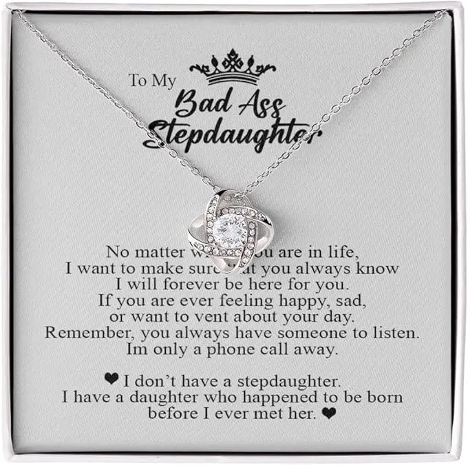 To My Bad Ass Step Daughter, Gifts for Stepdaughter, Step Daughter Gifts, Love Knot Necklace, Jewelry Card for Her, Love Knot Necklace Present To My Bonus Daughter From Stepmom, Women's Jewelry