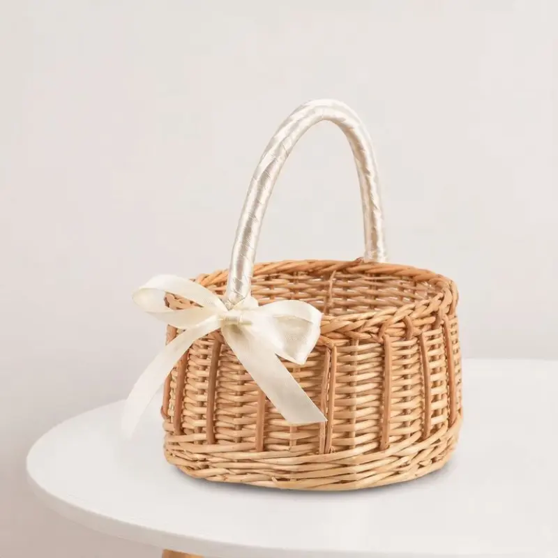 Handmade Woven Wicker Flower Basket with Handle Ribbon, Decorative Easter Candy Basket, Ideal for Gifts, Weddings, Camping, Home Decor, Decoration, Party Centerpiece