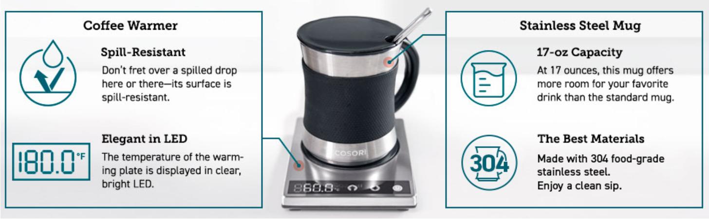 COSORI Coffee Mug Warmer & Mug Set, 17 oz Beverage Cup Warmer for Home & Office, Touch Tech & LCD Display, 304 Stainless Steel, Ideal Coffee Gift