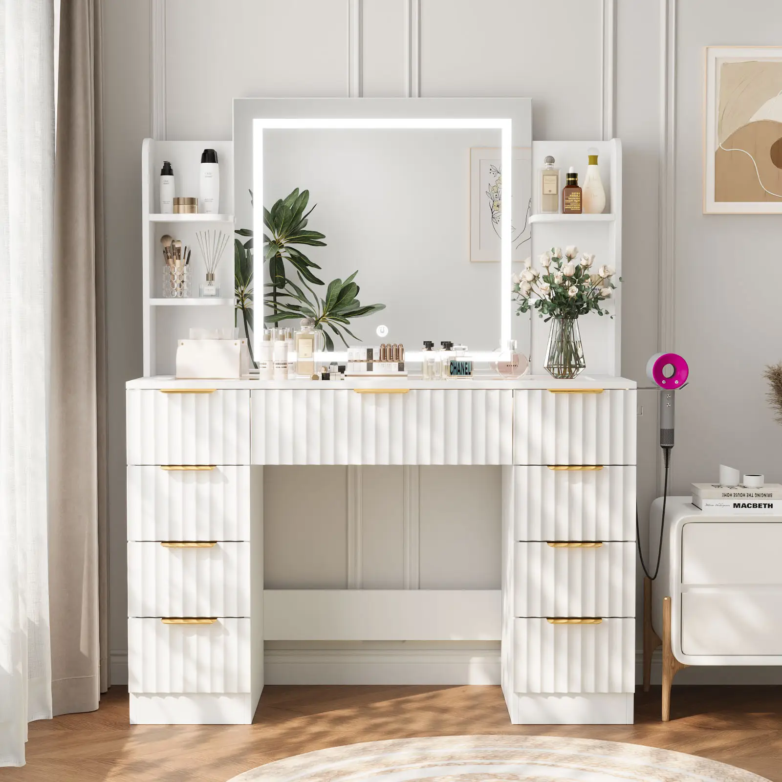 VOWNER Modern Vanity Desk with Mirror and Lights Makeup Vanity Desk with Drawers and Storage Shelves & Power Outlet Hair Dryer Rack Dressing Table wit