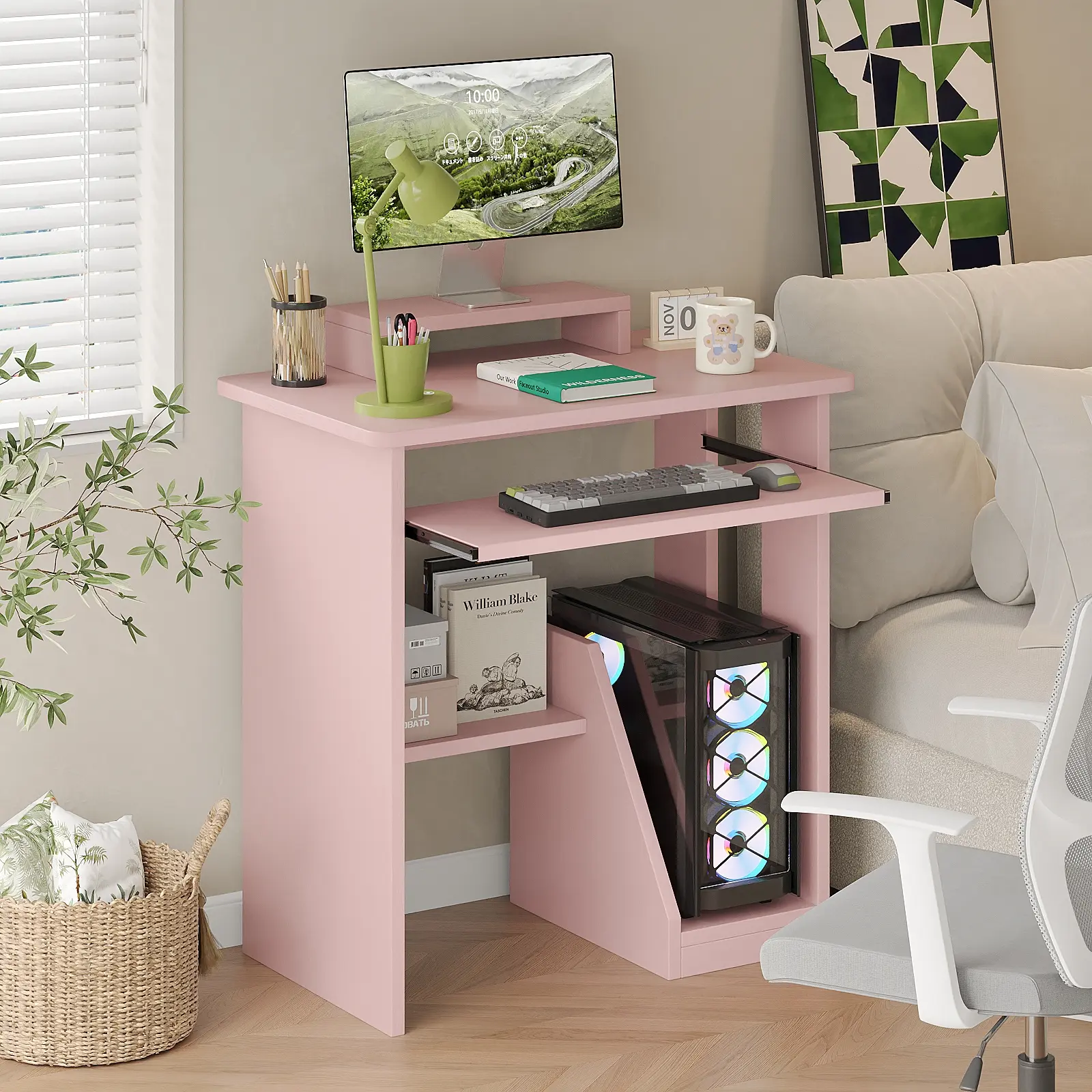 ALISENED Home Office Computer Desk with Monitor Stand Keyboard Tray, 29.5 Inch Study Desk Small PC Laptop Table with Storage Shelves Modern Furniture Clean Aesthetic Material Sturdy Durable