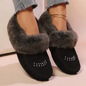 Women's Moccasins Slippers Warm House Shoes with Cozy Memory Foam Faux Fur Suede-look Rhinestone Accents Anti-skid Rubber Sole Soft Flipflop Footwear