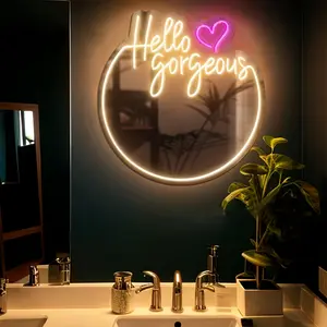 Warm White "Hello Gorgeous" Neon Sign Mirror with Pink Heart, USB Operated LED Vanity Mirror Light, Aesthetic Wall Decor for Bathroom, Bedroom, Makeup Room, Great Gift for Her