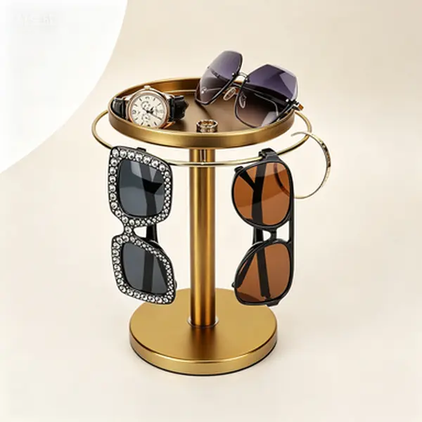 Gold Minimalist Metal Stainless Steel 360° Rotating Sunglass Organizer Rack - Vanity Desk Dresser Tabletop Holder with Rotatable Base for Bracelet, Earring, Prevents Small Accessories from Getting Lost, Valentine’s Day Home Decor Gift