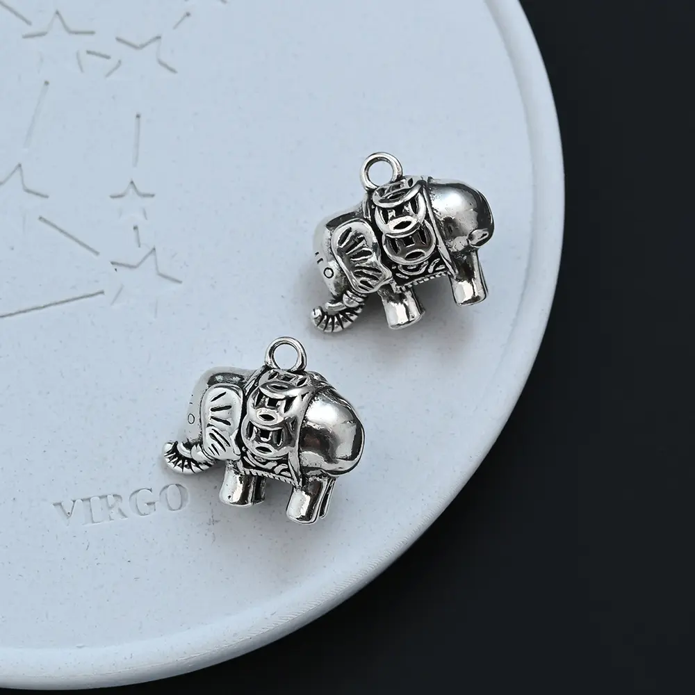 Unisex 2PC Rhodium-Plated Ethnic Retro Money Bag Charms with Elephant Accent - DIY Accessory for Sports Wristband Customization Jewelry, Two Piece Set