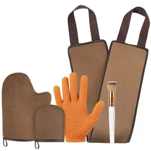 5 Piece Self Tanning Mitt Applicator Kit with Exfoliating Glove & Face Makeup Brush for Flawless Bronze Fake Tan