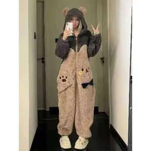 One cute cartoon bear hooded dress for women, a winter role-play jumpsuit with a unicorn design, suitable for Christmas parties, casual wear, and sleepwear.