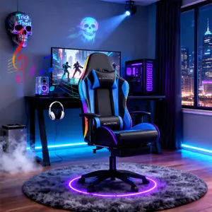 【Dual Speakers】Mr IRONSTONE Gaming Chair with Speakers and Led Lights Ergonomic Massage Computer Gaming Chair with Broaden Cusion and Footrest High Back Video Game Chair for Adults Kids Boyfriend Father's Gift, Blue Black and Pink