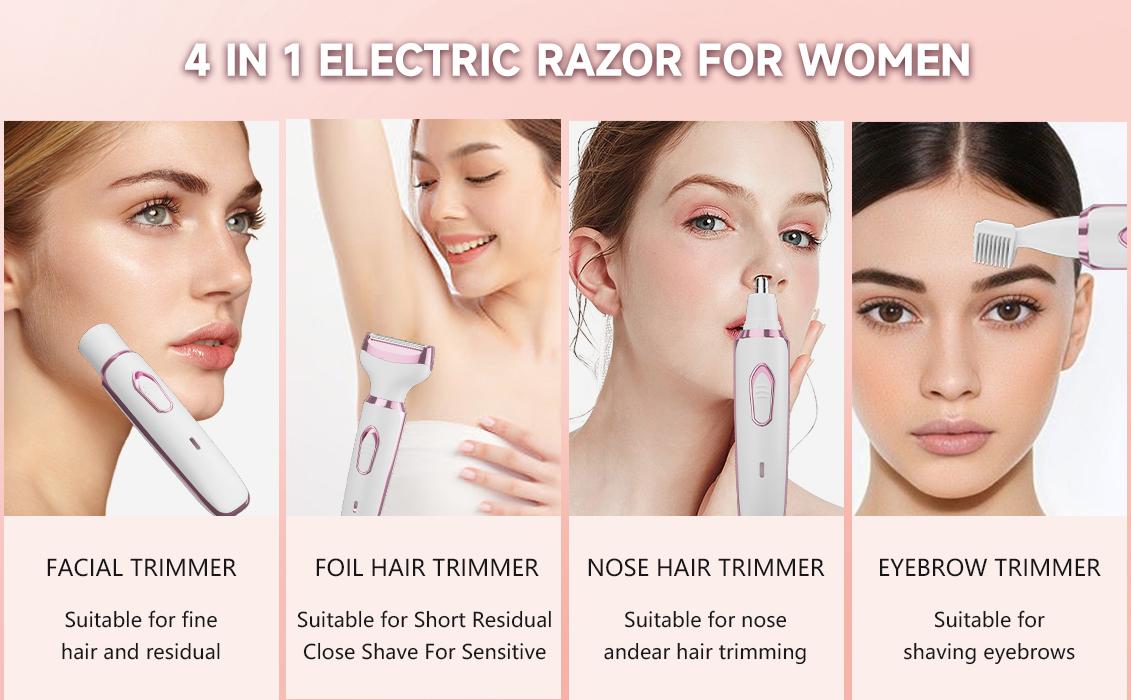 Women's Electric Shaver - 4-in-1 Waterproof Bikini Trimmer & Body Hair Remover, Painless Pubic Underarm Leg Hair Removal, Eyebrow Nose Trimmer Attachment, USB Rechargeable Cordless Razor for Sensitive Areas, Smooth Shaving Gift Kit