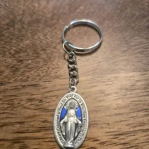 Blue Enamel Miraculous Medal Keychain with Chain and Oval Design for Everyday Use