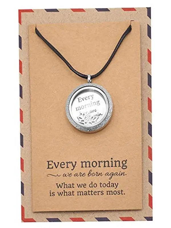 Quan Jewelry Floating Locket Necklace with Life Quote Inscription on Plate and Om Lotus Flower Charm, Gifts for Women with Inspirational Quote on Greeting Card
