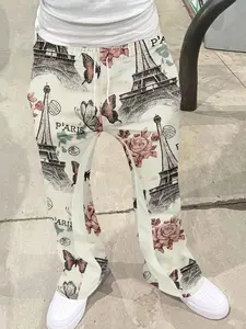 Men's Casual Flared Trousers, Street Fashion Print Wide Leg Pants, Slim Fit Elastic Waist, Summer Fall Daily Wear, Unique Pattern Design, Casual Fit Longline, Streetwear
