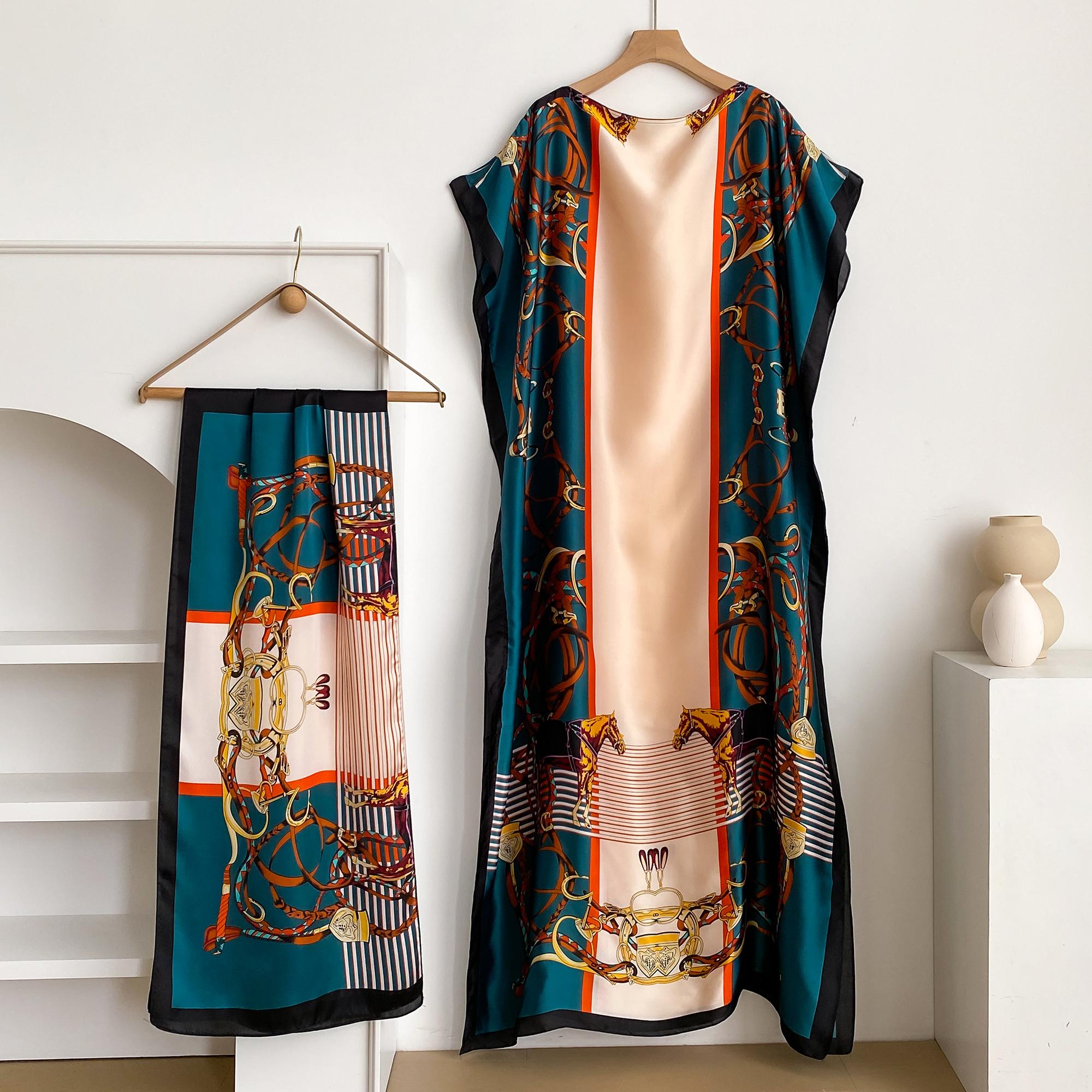 Women's Long Shawl Set Floral Print Robe Set with Shawl Collar Dress, Long Scarf Headband