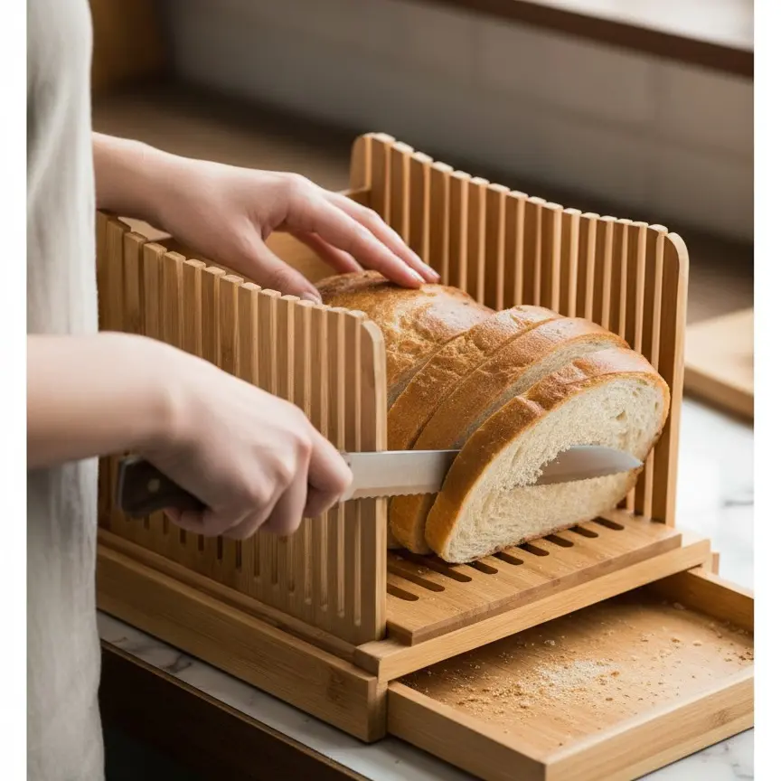 Handmade Bamboo Bread Slicer - Detachable Kitchen Bread Cutter Guide, Sturdy, Easy-to-Clean Kitchen Fixture Accessory for Home Use