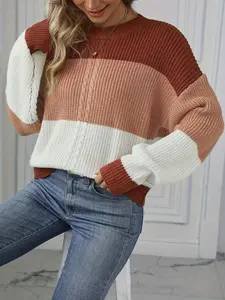 Women's Striped Print Stripe Pattern Colorblock Crew Neck Round Neckline Sweater, Casual Long Sleeve Jumper for Fall & Winter, Fashion Ladies' Knitwear for Daily Wear, Womenswear Piece