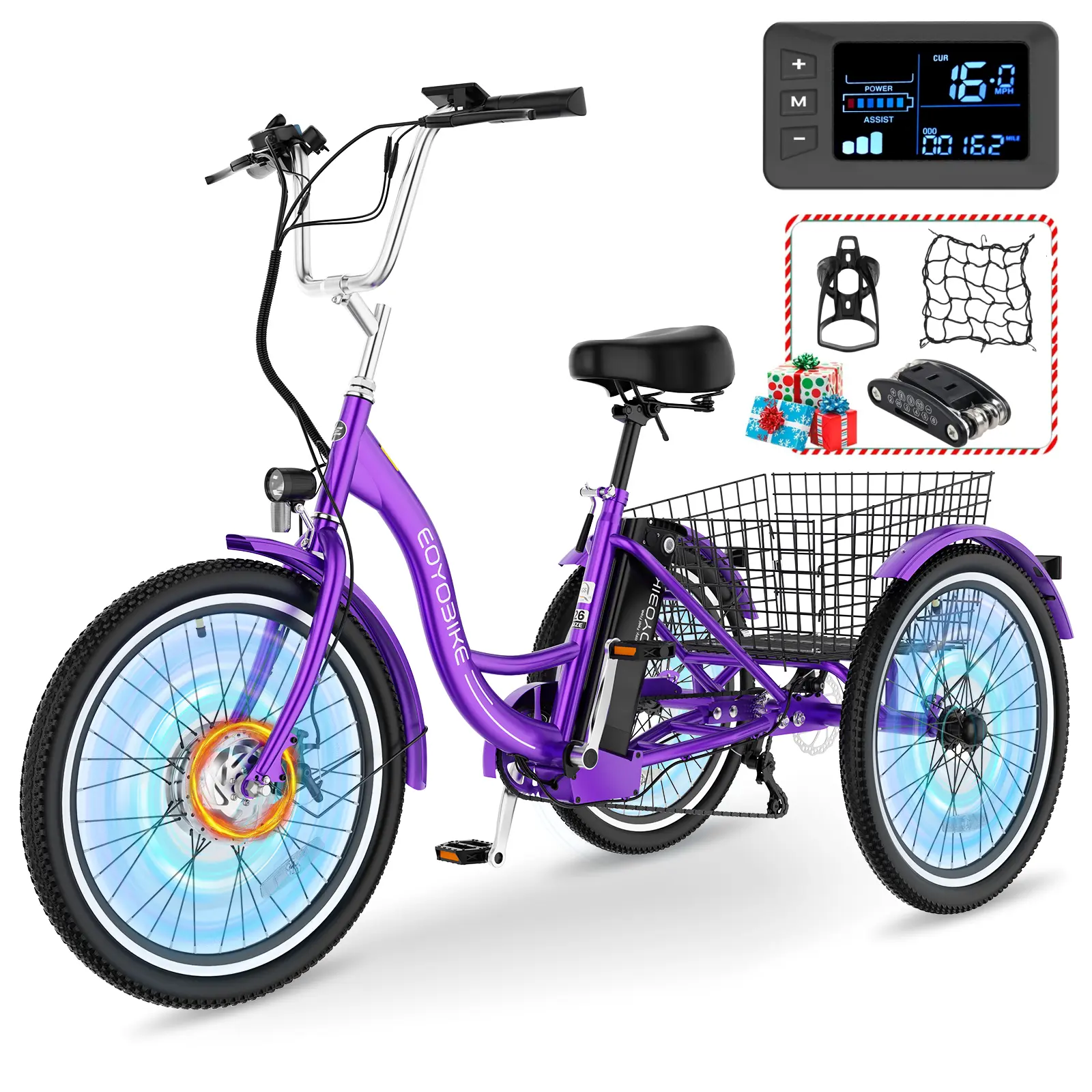 MOONCOOL 24"/26" MC350 Electric Tricycle Trike for Adults Seniors w,350W Motor (700W Peak),7 Speeds,36V 10.4AH Removable Battery, Low Step-Through, Rear Basket, 350lbs Capacity