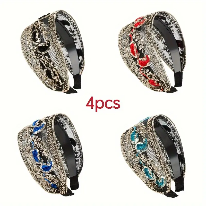 Women's 4-Pcs Vintage Wide Lace Embroidered Sequined Bezel Turban Fashion Headbands - Soft, Stretchy Elegant Bohemian Accessories for Party, Wedding, Everyday Use, Ideal Festive Occasion Gifts