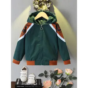 Boys' Letter Print Color-Block Zipper Hooded Jacket Casual Long Sleeve Jacket Spring and Autumn Children's Daily Wear-good-good