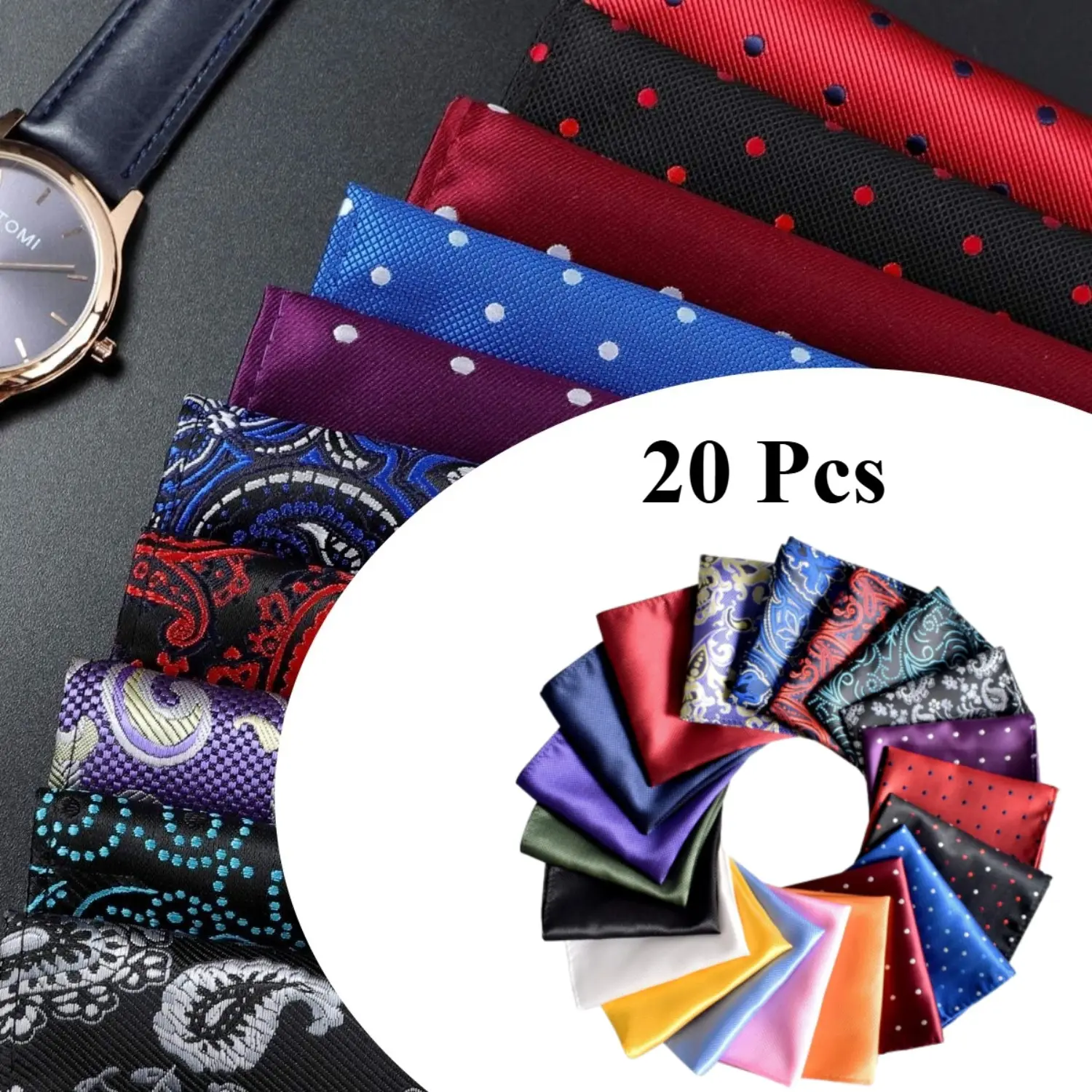 Men's 20-Pack Assorted Color Pocket Squares, Business & Party Supplies Gift Set