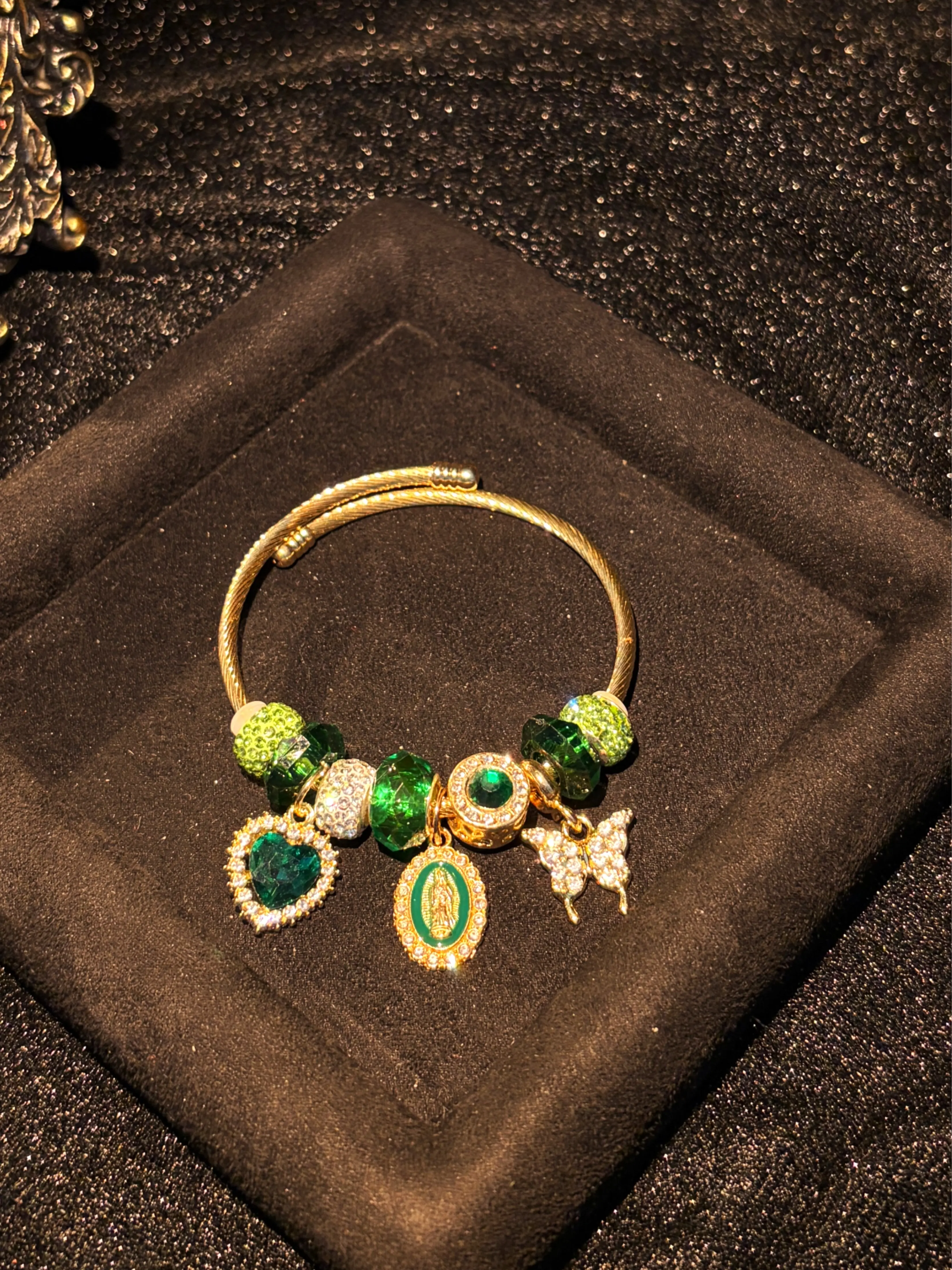 Gold Tone Green Crystal Charm Bangle for Women, Virgin Mary Butterfly Heart Rhinestone Bead Open Cuff Bracelet Hand Jewelry Gift
