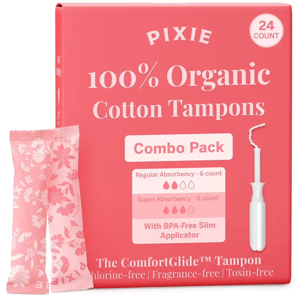 Pixie Organic Cotton Tampon Combo Pack – Regular & Super Absorbency – BPA-Free Long Applicator – Unscented, Chlorine-Free Feminine Care – 24 Count