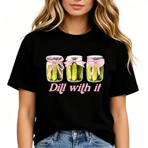 "Dill With It" Funny Pickle Graphic Tee |   Sarcastic Punny Aesthetic Statement T-Shirt |   Women's Oversized Baggy Streetwear Casual Daily Wear Top