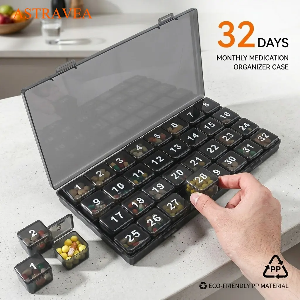 ASTRAVEA 31-Day Monthly Pill Organizer, Am+pm Am/pm Friendly Double-Sided High-Capacity Monthly Prep Pill Box with Easy Push-Open Arthritis-Friendly Removable Daily Pods, Plastic