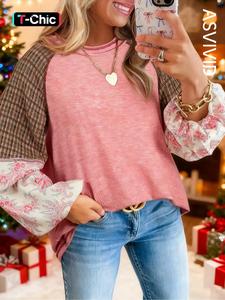 women's loose fit mixed print raglan sleeve ribbed knit patchwork blouse
