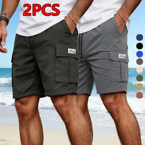 Men’s 2-pack cargo shorts with multiple pockets, adjustable elastic waistband with drawstring, solid color loose casual fit, quick-drying, comfortable and breathable for summer, no sweat buildup; suitable for daily commuting, outdoor sports, and vacations