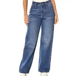 Wide Leg Denim Jeans Indigo Rigid Ref 2040 High Waist Firm Fit Abdomen Molding Natural Glute Enhancement Premium Colombian Denim Versatile for Daily Use