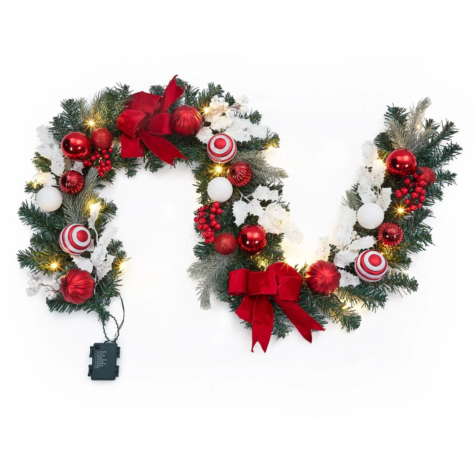 【GARVEE】6 Feet Christmas Garland, Pre-Lit Christmas Garland with 20 Lights, Lighted Battery Operated Xmas Garland with Bow Balls Ornaments Berries White Leaves for Mantel Table Porch, Red