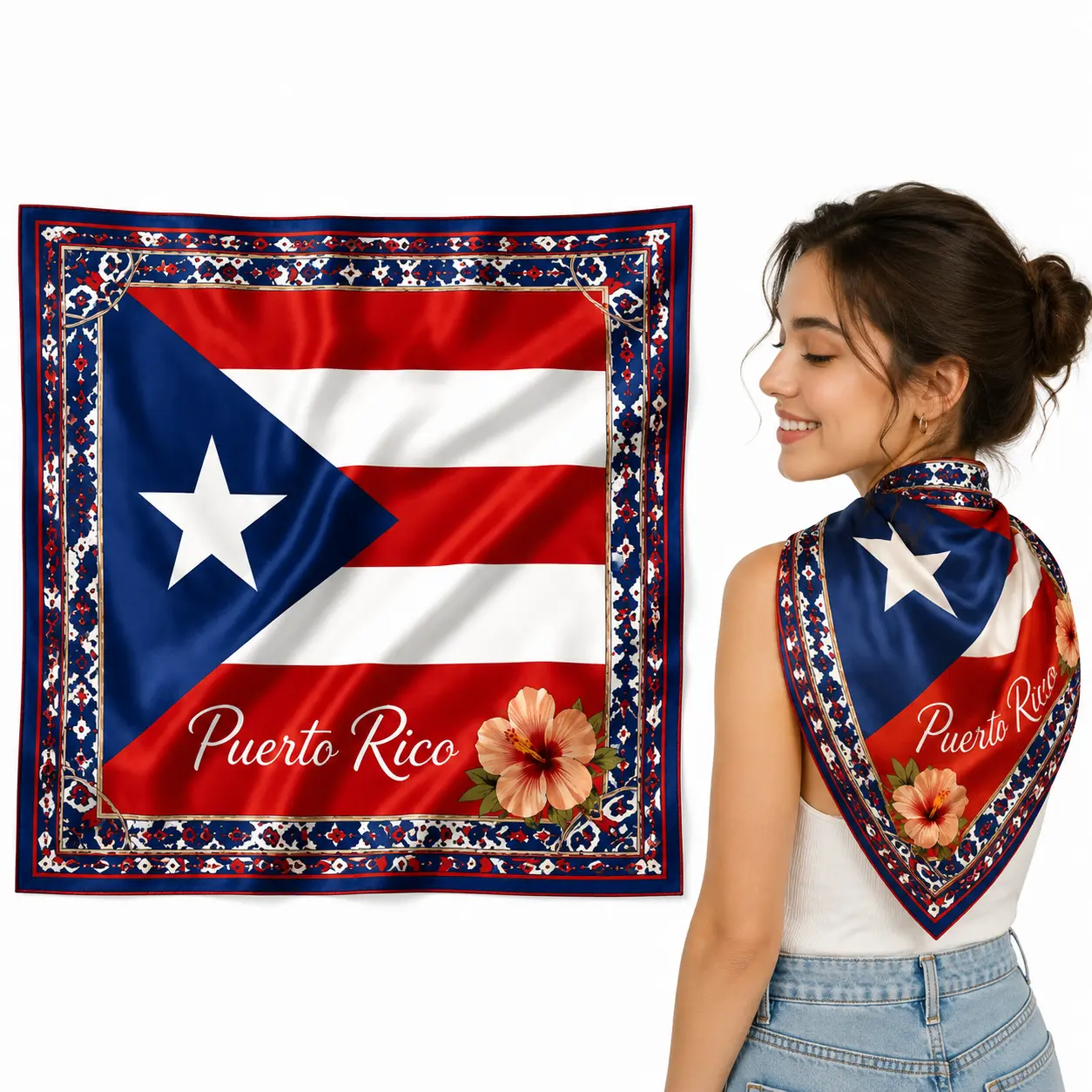 Puerto Rico Flag Print Scarf Head Wrap, Long Fashion Accessory and Versatile Bandana for Women's Festival Wear, Female, Women's Clothes, Bandana Wrap, Cultural, Flag Printed, Women's Fashion, Fabric Scarf