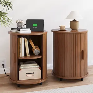 【CategorySelect】ONBRILL Round End Table Set of 2 with Charging Station, Mid Century Bedside Table with Sliding Door & 2 Tier Storage, Modern Nightstands Set of 2 for Living Room, Bedroom, Entryway