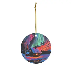Neon Colorful Northern Lights Cozy Cottage Landscape Ceramic Ornament - Circle, Star, Heart, Oval Shapes