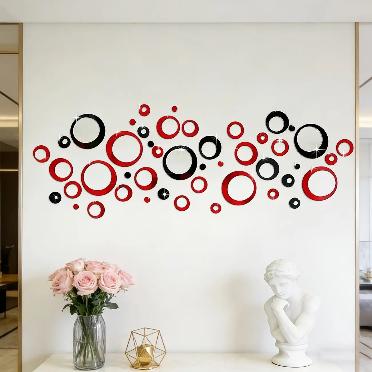 72PC, Red and black hollow circular acrylic mirror wall sticker, Wall Decal, suitable for home decoration (living room, bathroom, bedroom background, lintel), DIY detachable wall sticker, Wall Stickers Decor