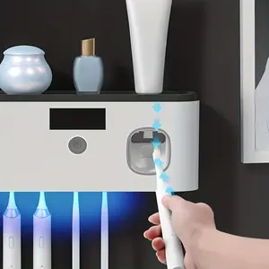 Smart Toothbrush Disinfector with Automatic Toothpaste Dispenser, Wall Mounted, 5 Slot Storage, Durable Plastic, USB Charging Battery, Smart Toothbrush Holder