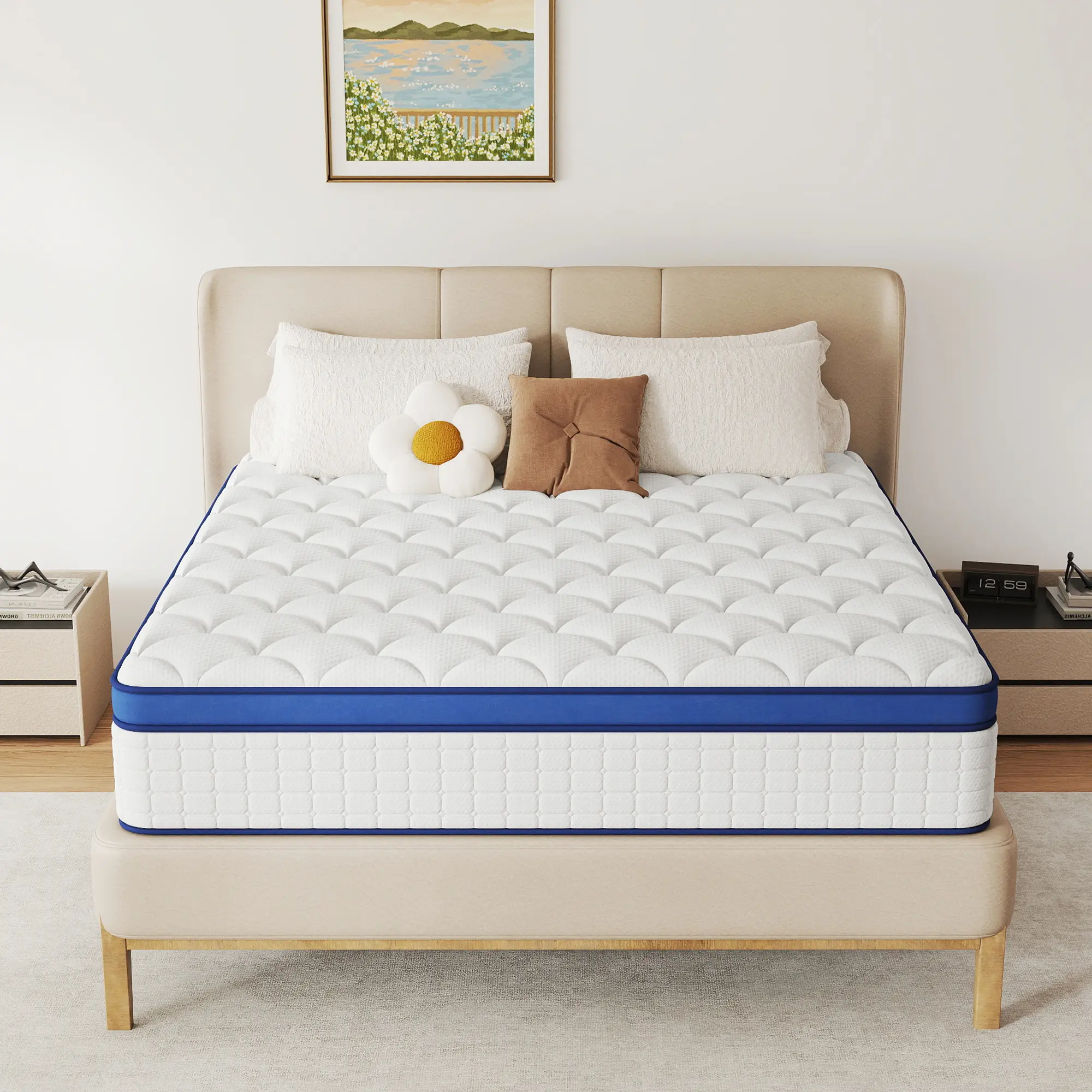 Queen Size 12-in Hybrid Mattress, Pillow Top Pocket Spring Mattress with Motion Isolation, Sponge Layer, Supportive & Anti-Allergic Design