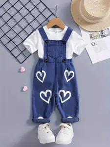 Baby (6 Months‑3 Years) Boys & Girls Spring‑Fall Heart‑Print Denim Overalls, Summer Overalls, Soft Denim Fabric, Comfortable Loose Straight‑Leg Long Pants, Sweet & Cute Daily Wear