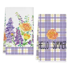 2 Pack Spring Floral Hyacinth Lavender Kitchen Towels 16x24 Inch, Hello Summer Holiday Decorations Hand Towels Baking Dishcloths Super Absorbent Quick Drying Kitchen Dish Towels
