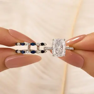 Maxine CZ 6.5ct Cushion Cut Insert 2PC Engagement Ring Set,White & Blue Stone Bridal Ring Set,5A Cubic Zirconia Women's Ring Jewelry,Wedding Ring Set for Daily,Travel,Proposal,Birthday,Anniversary, Stacking Rings, Cubic Zirconia Rings