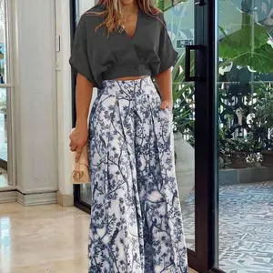 Women’s 2025 Autumn Fashion Set — V-Neck Shirt Top + Printed Wide-Leg Pants (Batwing Style), GARMENTARY
