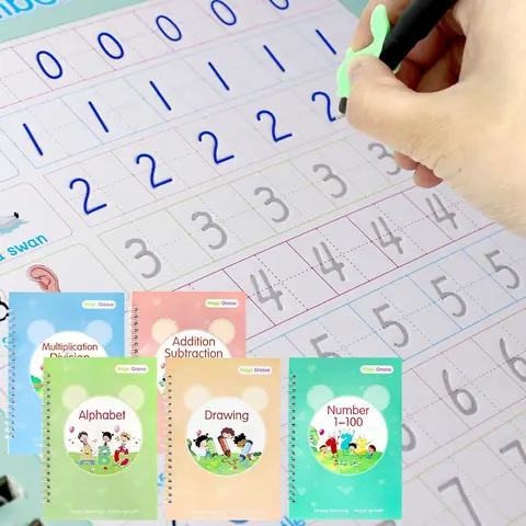 5 PCS Reusable Magic Ink 3D Groove Copy Books - 5-in-1 Kids Learning Materials, Preschool Fine Motor Skills Activity Books with Numbers & Letters, Addition, Times Practice, Pen Set (Christmas/Birthday Gift, Home Use)