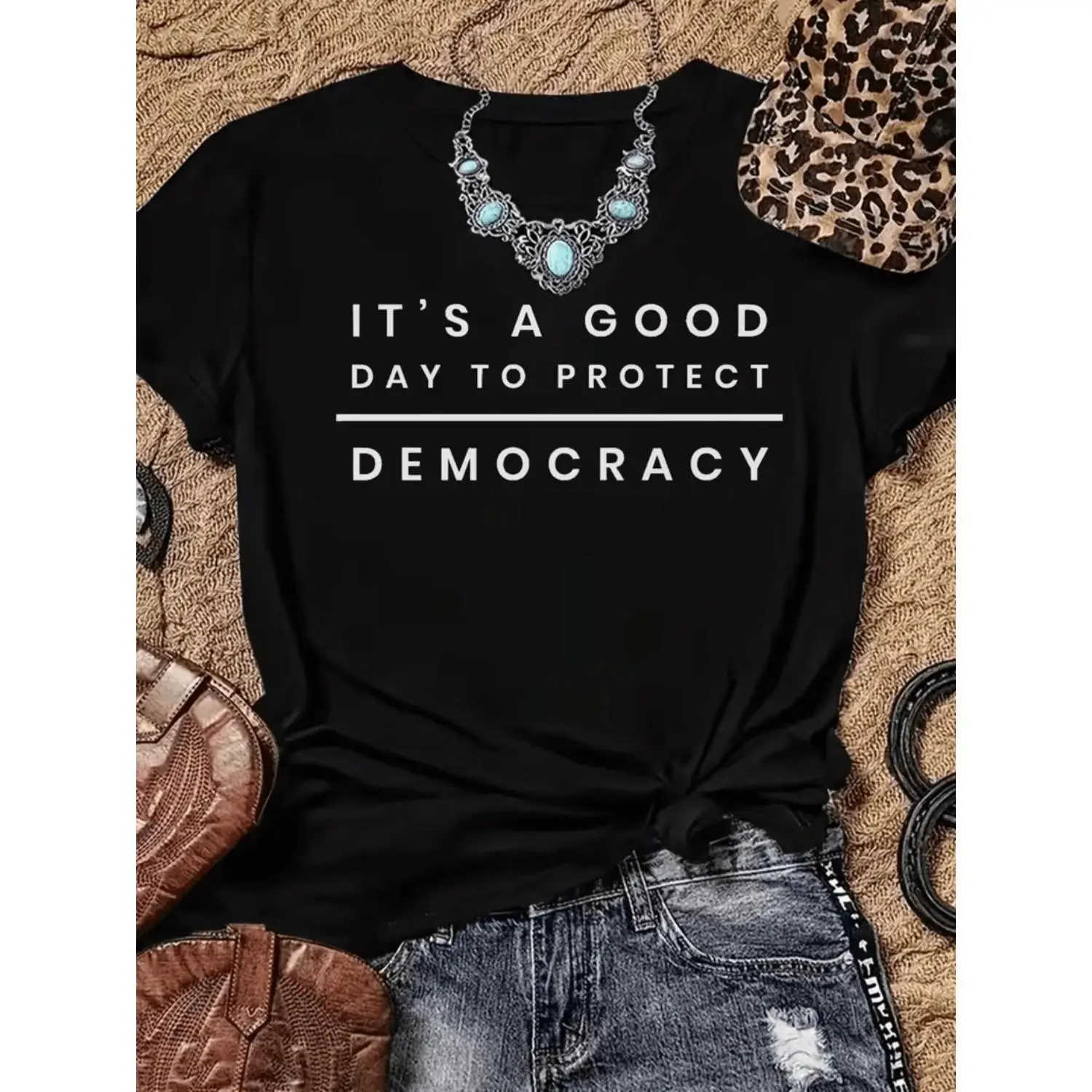Women's "Protect Democracy" T-Shirt, Casual Black Shortsleeve with Statement Text and Striped Print Sleeves, Loose Fit Cotton Blend Round Neck Top, Tshirt, Breathable